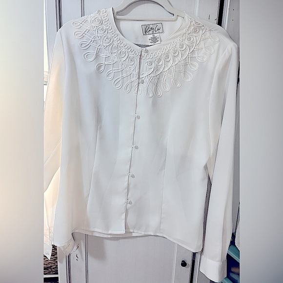 Vintage sheer Kathy Che  white Blouse with pearl and lace size 12 - Picture 1 of 6
